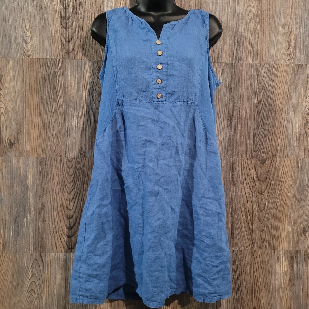 Terzo Millennio Linen Sundress Sz M Blue Sleeveless Button Accent Beach Coastal